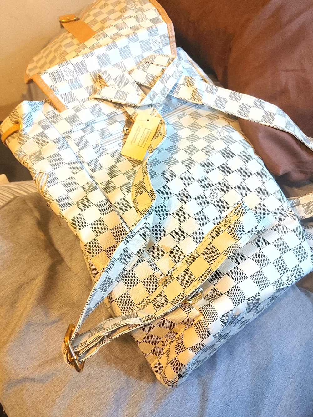 White Checkered Backpack with Tan Trim for Men